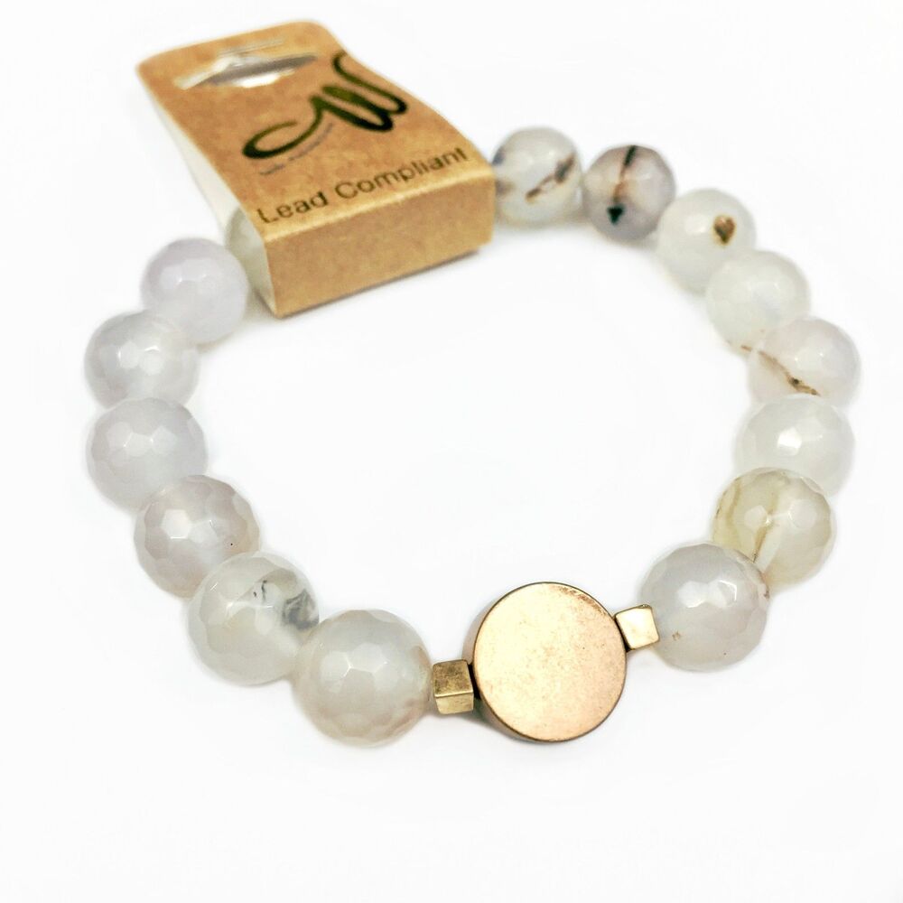 Light Grey Stone Stretch Bracelet Gold-Tone Charm